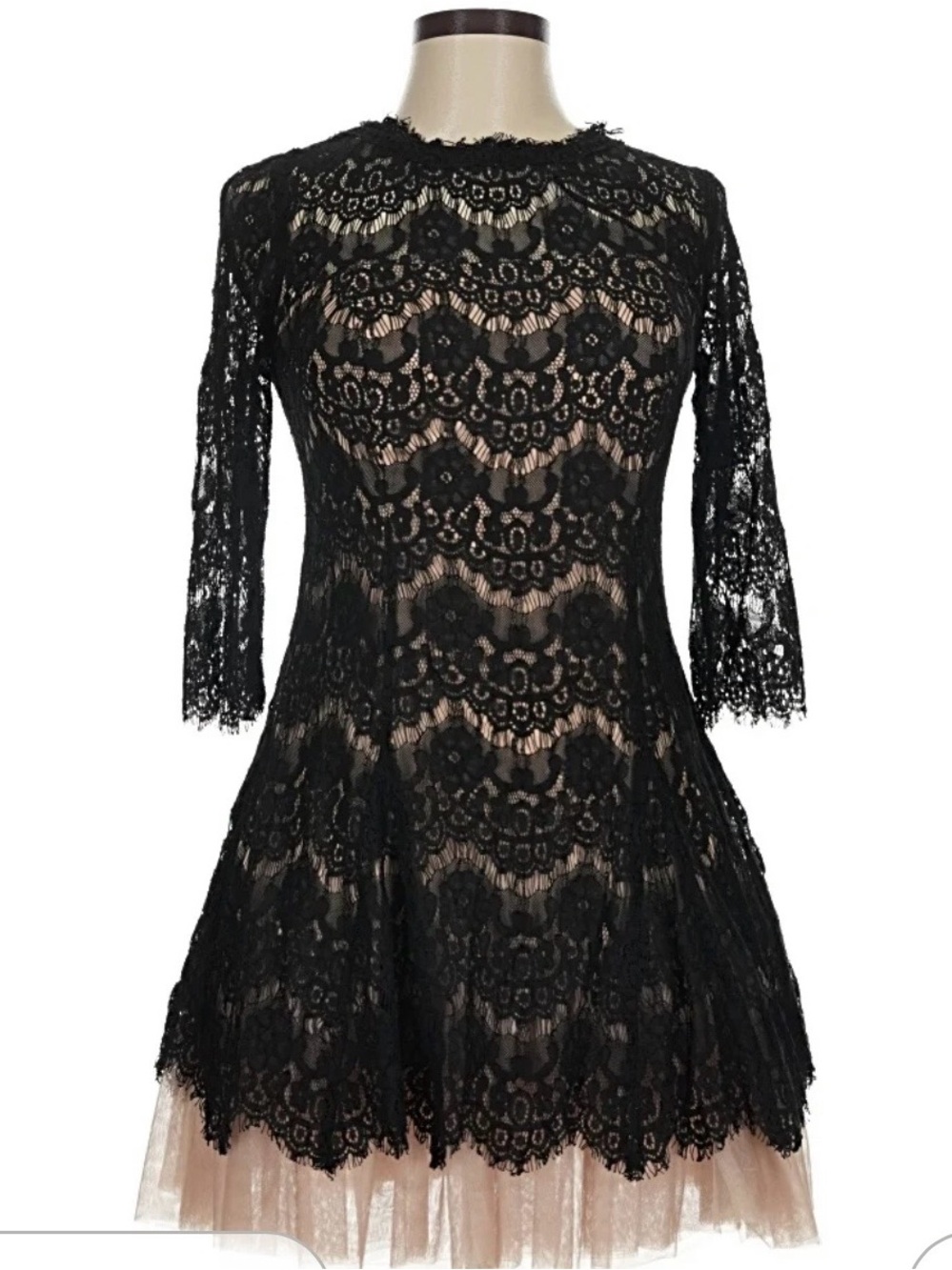 Betsy & Adam Black Lace Mini Dress with Nude Slip 6 Petite